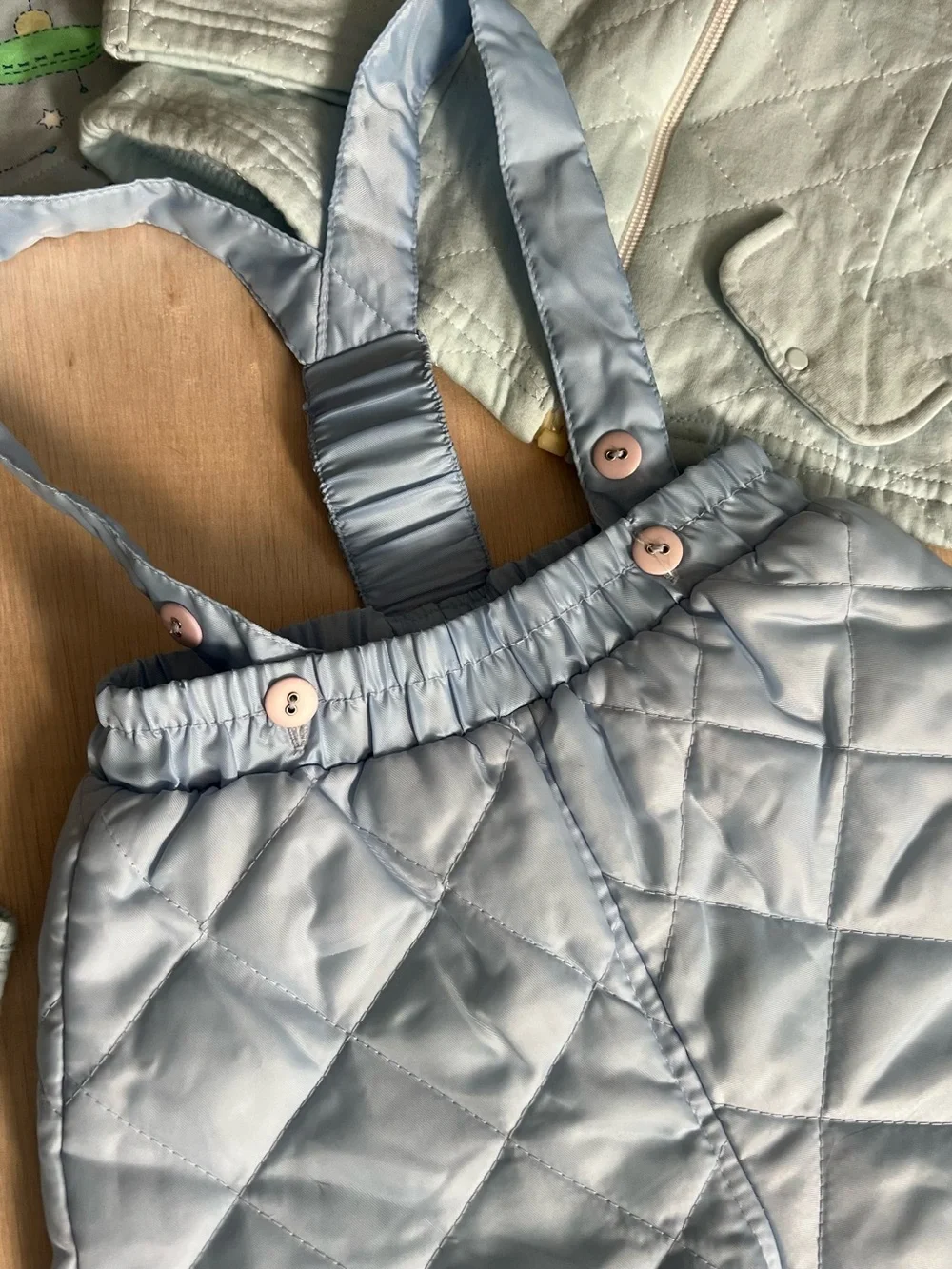 Baby Bundle: Light Blue Quilted Jacket, Vest Dress, Suspender Pants, Top Set
